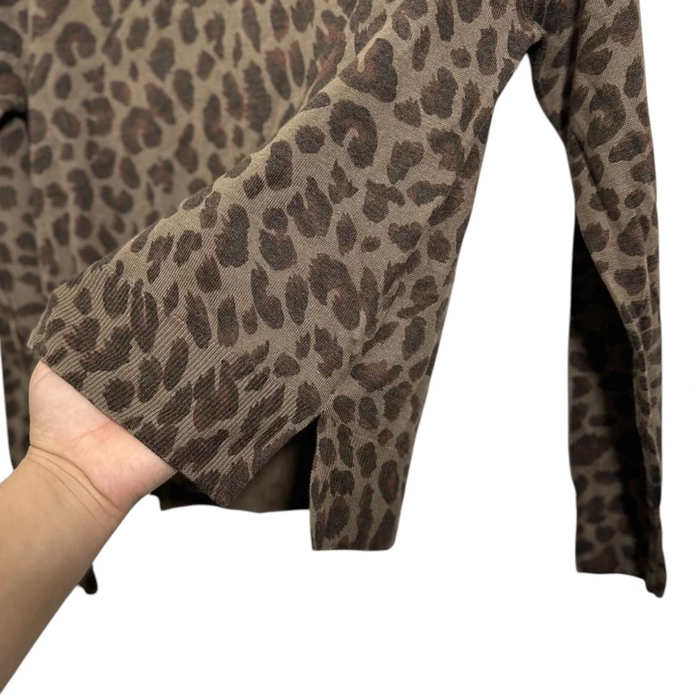 Zara Leopard Print Brown Crew Neck Light Weight Fine Knit Top Women's Size Small - Picture 4 of 6